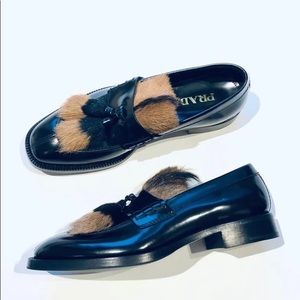 Prada Men's Runway Fur Tassel Glossy Leather Loafers